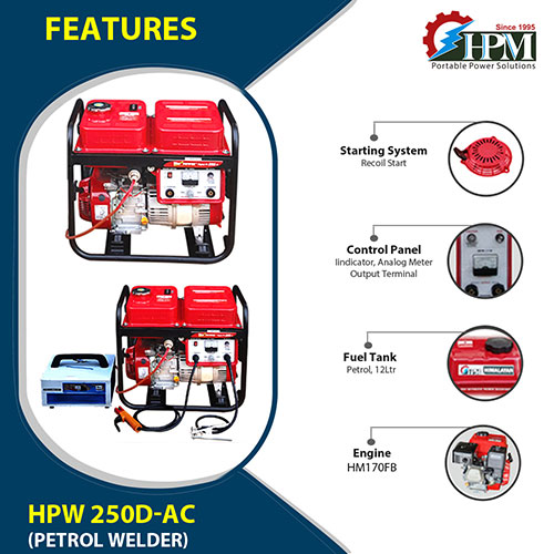 200 Amps, Petrol Welding Generator, WITH Recoil Start , Model HPW-250D-AC,  