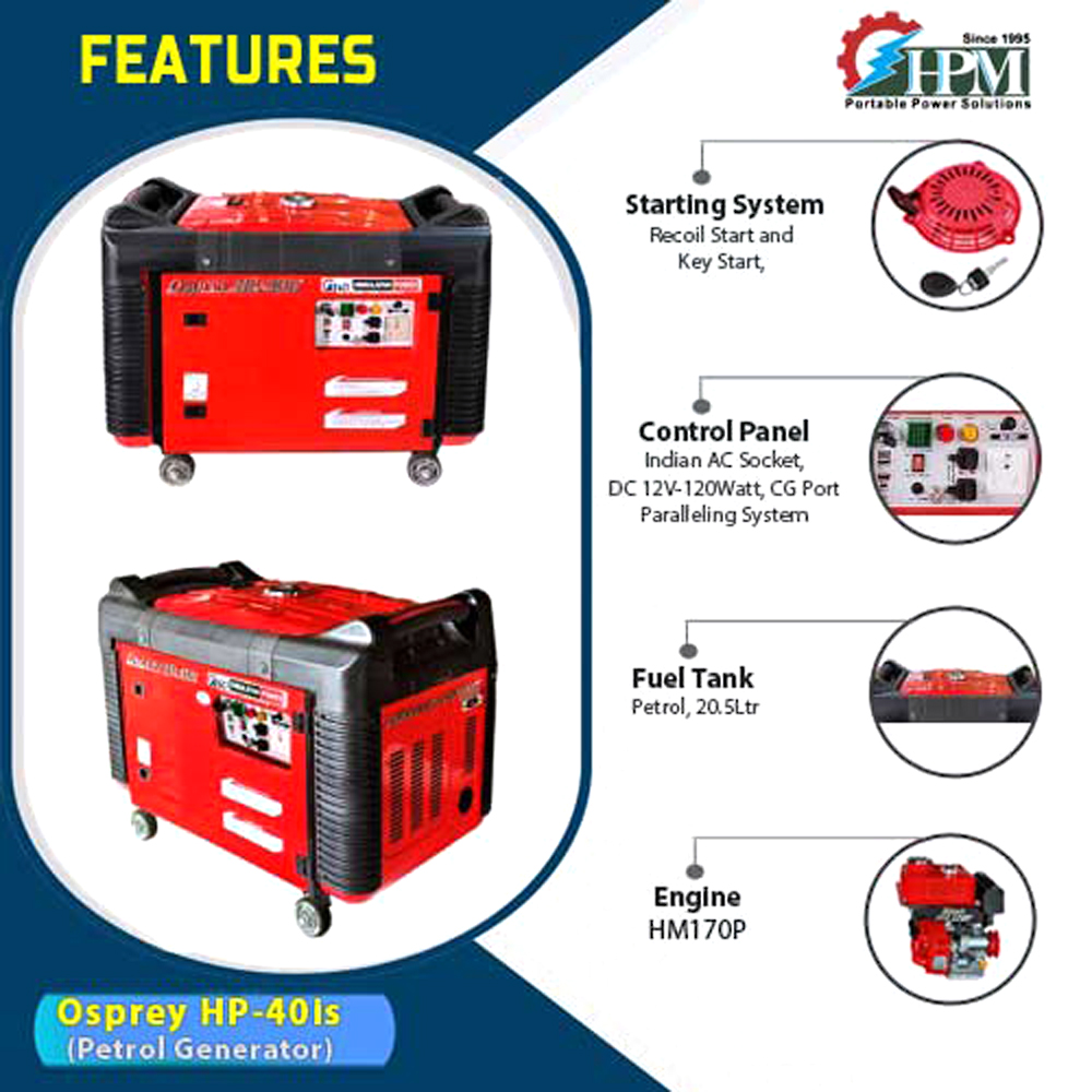 4 KVA Petrol smart  Inverter Generator, with  Recoil & Self Start Model Osprey HP-40is, 